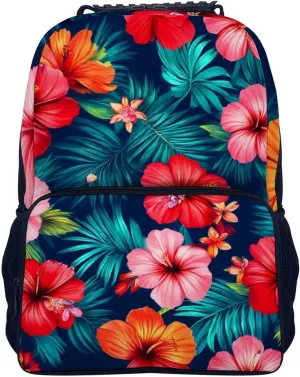 Supdreamc Men Women Lightweight Hawaiian Colorful Hibiscus Flowers Tropical Palm Tree Leaves Backpack Large Capacity Bookbag With Smooth Zippers for Gym Business Running