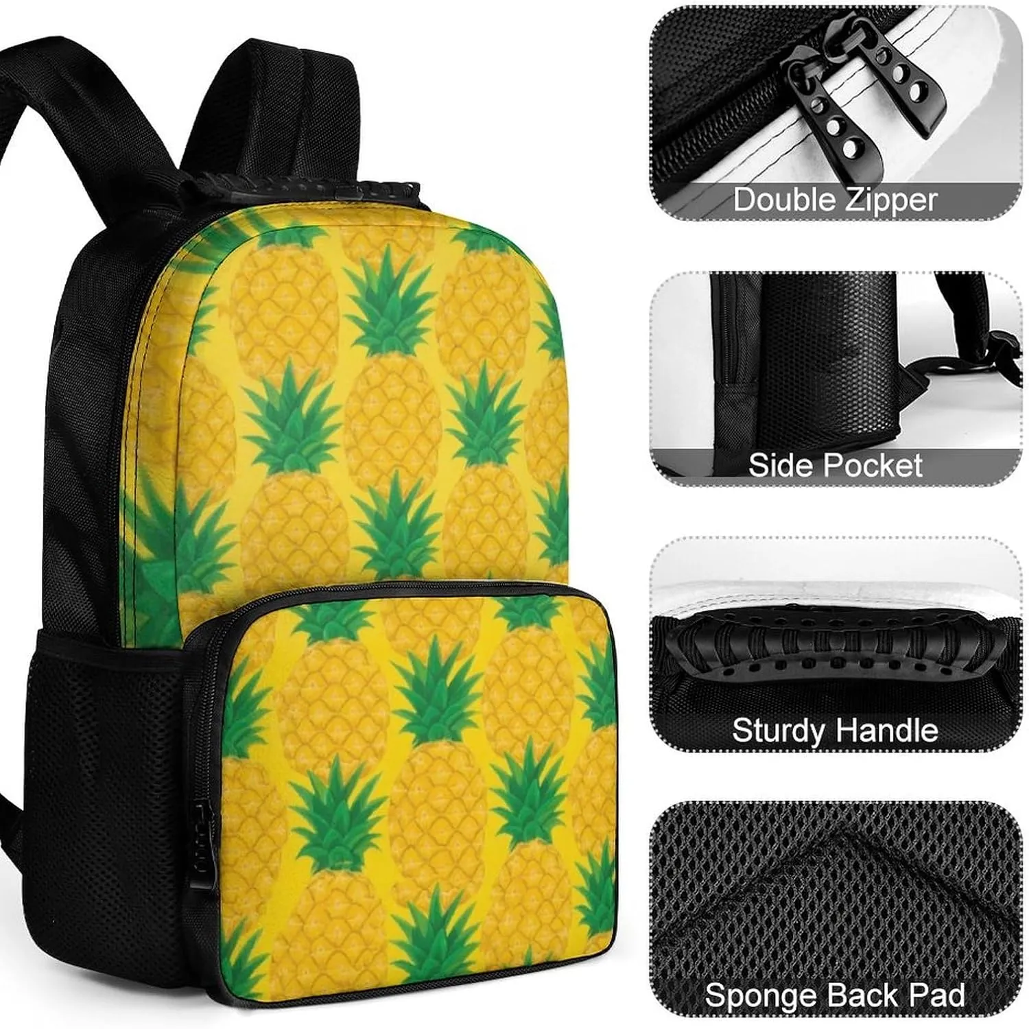 Supdreamc Men Women Lightweight Hawaiian Tropical Pineapple Art Backpack Large Capacity Bookbag With Smooth Zippers for Gym Business Running