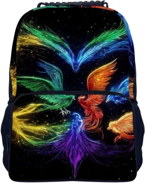 Supdreamc Men Women Polyester Colorful Fire Flame Birds Black Art Daypack Backpack Large Capacity Carry On Bag With Smooth Zippers for Hiking Picnic Walking Cycling