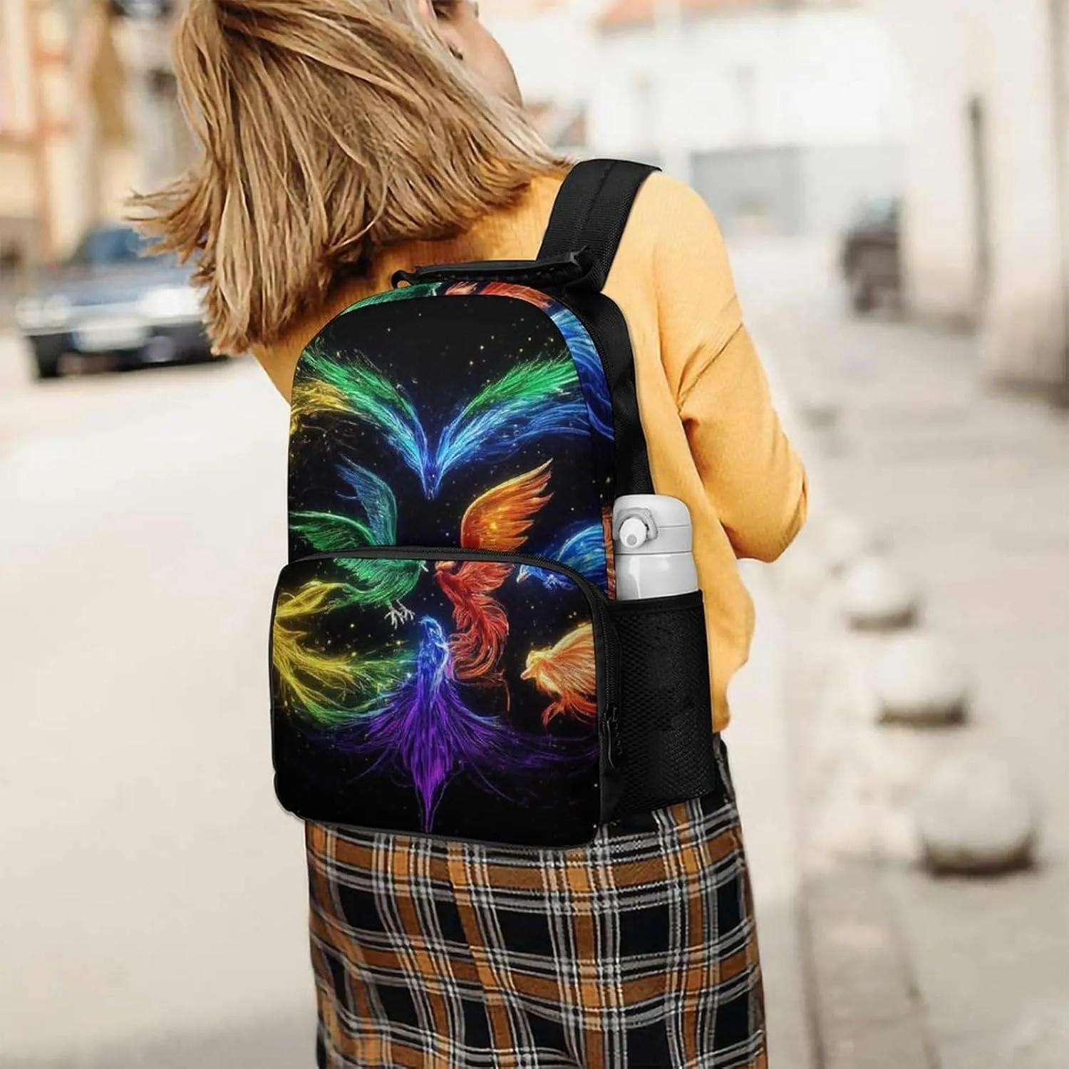 Supdreamc Men Women Polyester Colorful Fire Flame Birds Black Art Daypack Backpack Large Capacity Carry On Bag With Smooth Zippers for Hiking Picnic Walking Cycling