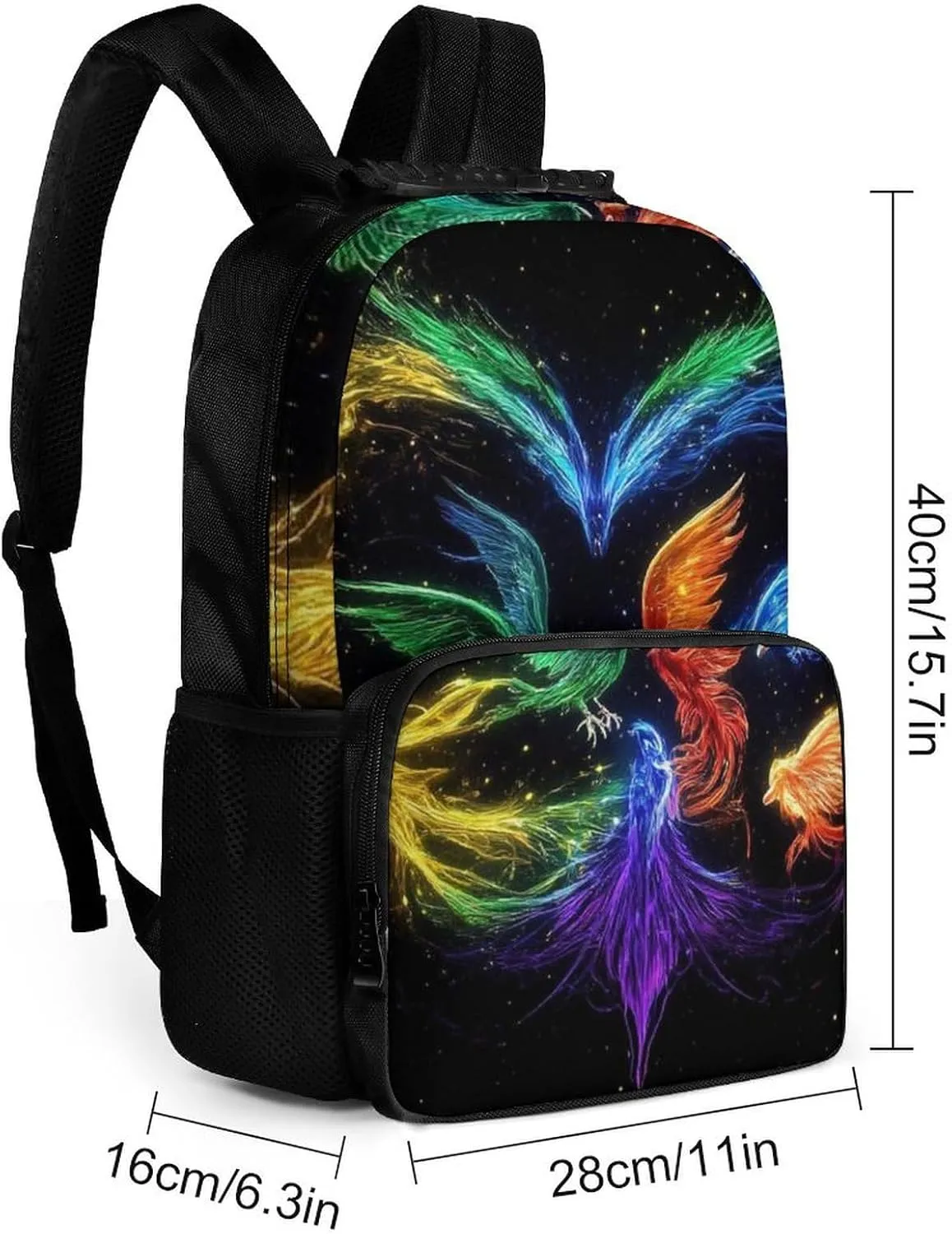 Supdreamc Men Women Polyester Colorful Fire Flame Birds Black Art Daypack Backpack Large Capacity Carry On Bag With Smooth Zippers for Hiking Picnic Walking Cycling