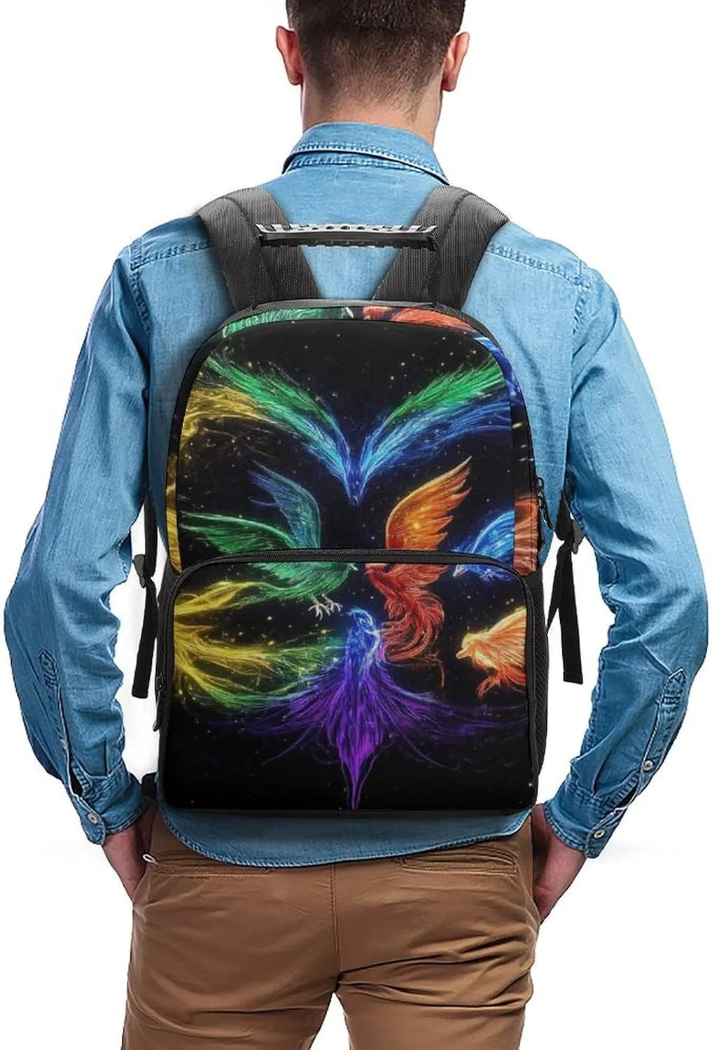 Supdreamc Men Women Polyester Colorful Fire Flame Birds Black Art Daypack Backpack Large Capacity Carry On Bag With Smooth Zippers for Hiking Picnic Walking Cycling
