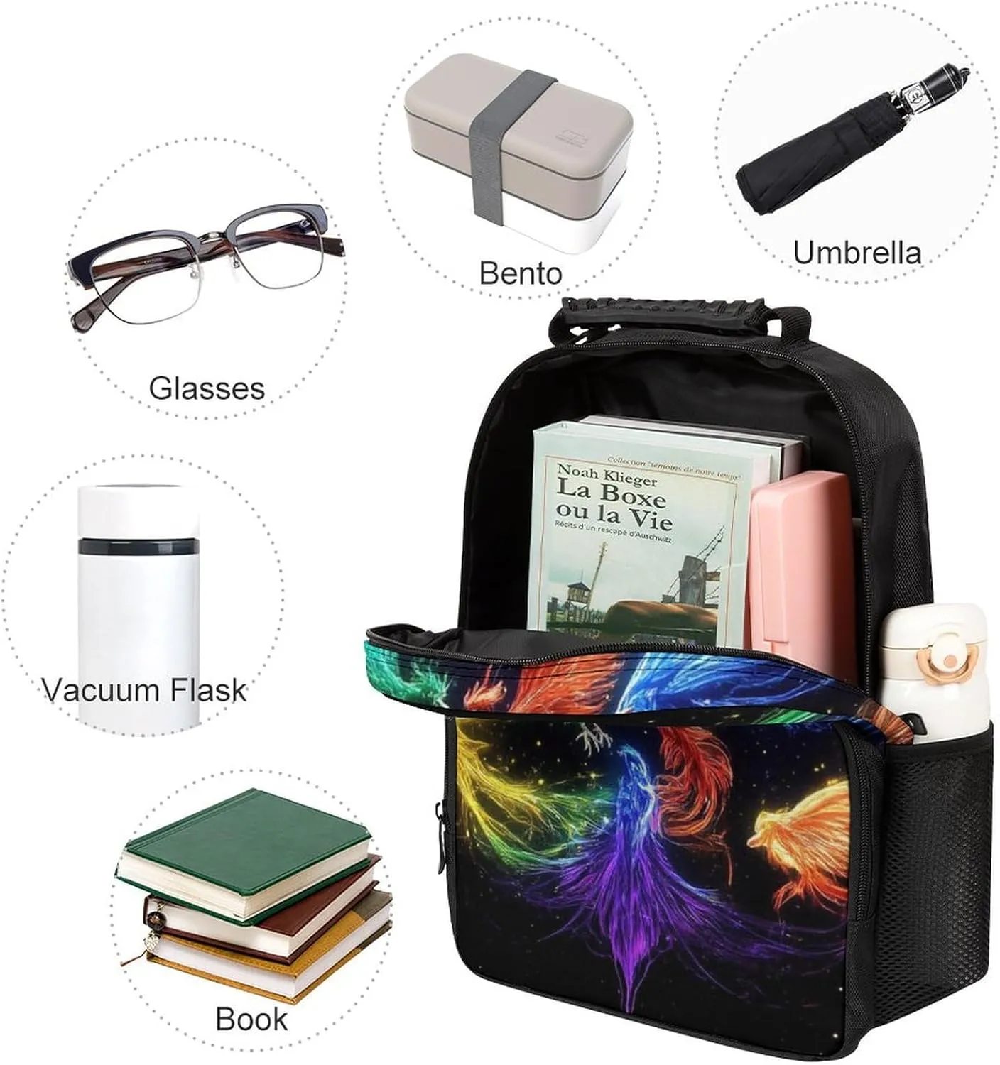 Supdreamc Men Women Polyester Colorful Fire Flame Birds Black Art Daypack Backpack Large Capacity Carry On Bag With Smooth Zippers for Hiking Picnic Walking Cycling