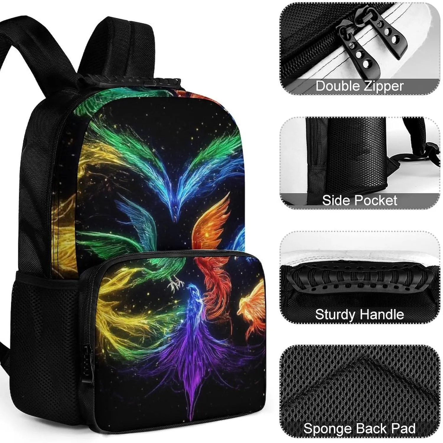 Supdreamc Men Women Polyester Colorful Fire Flame Birds Black Art Daypack Backpack Large Capacity Carry On Bag With Smooth Zippers for Hiking Picnic Walking Cycling