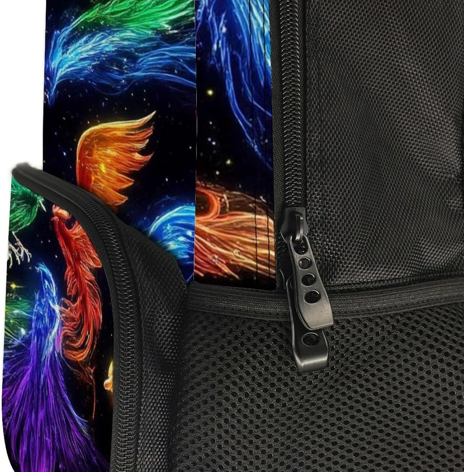 Supdreamc Men Women Polyester Colorful Fire Flame Birds Black Art Daypack Backpack Large Capacity Carry On Bag With Smooth Zippers for Hiking Picnic Walking Cycling