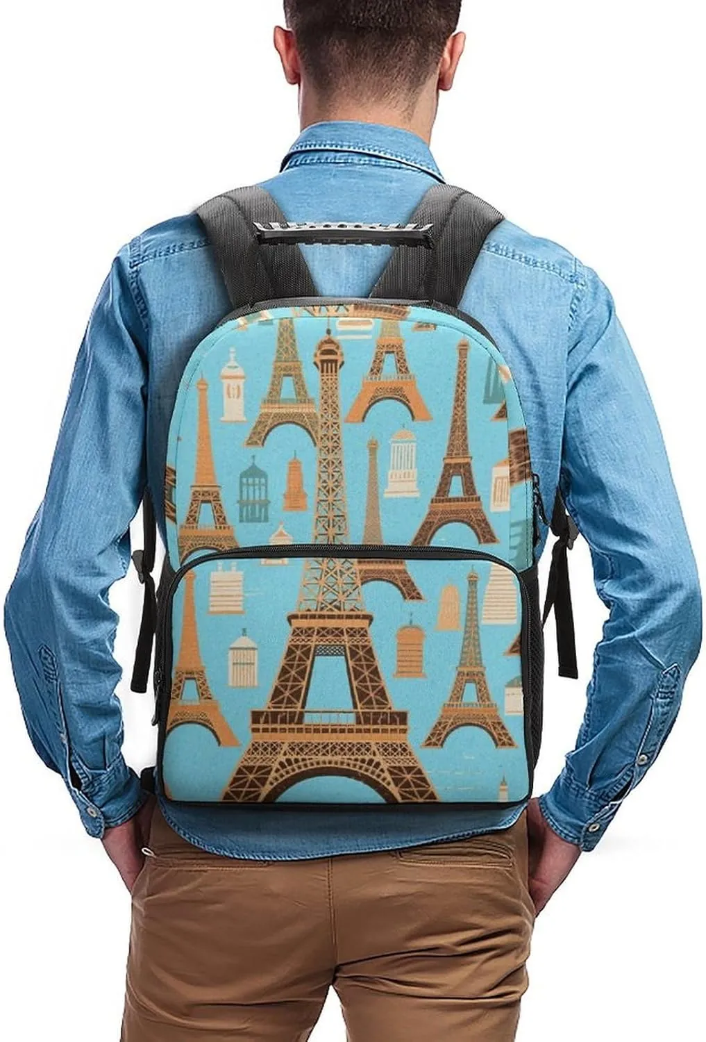Supdreamc Men Women Polyester Paris Eiffel Tower Art Daypack Bookbag Big Capacity Shoulder Bag With Padded Straps for Climbing Travel Walking Cycling