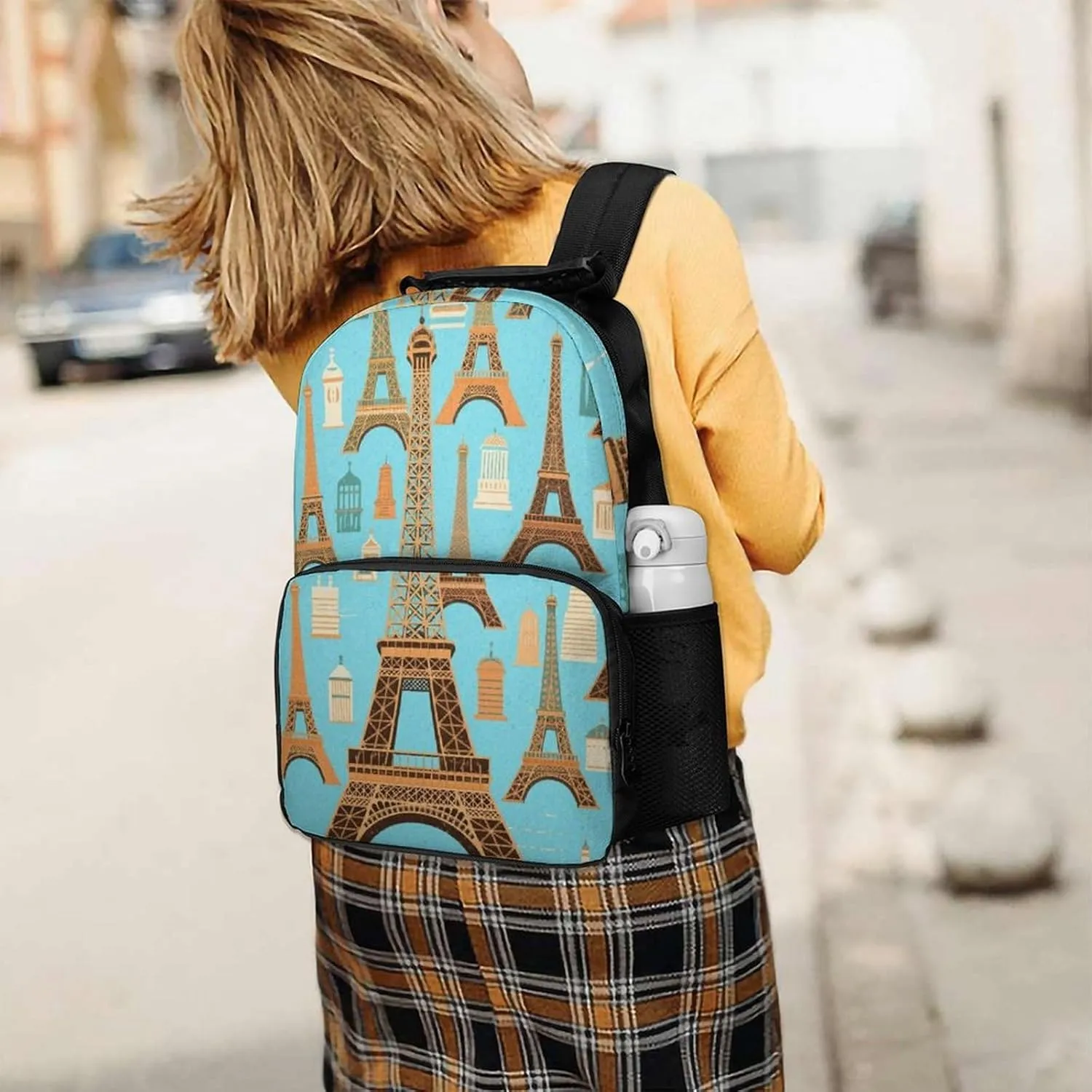 Supdreamc Men Women Polyester Paris Eiffel Tower Art Daypack Bookbag Big Capacity Shoulder Bag With Padded Straps for Climbing Travel Walking Cycling