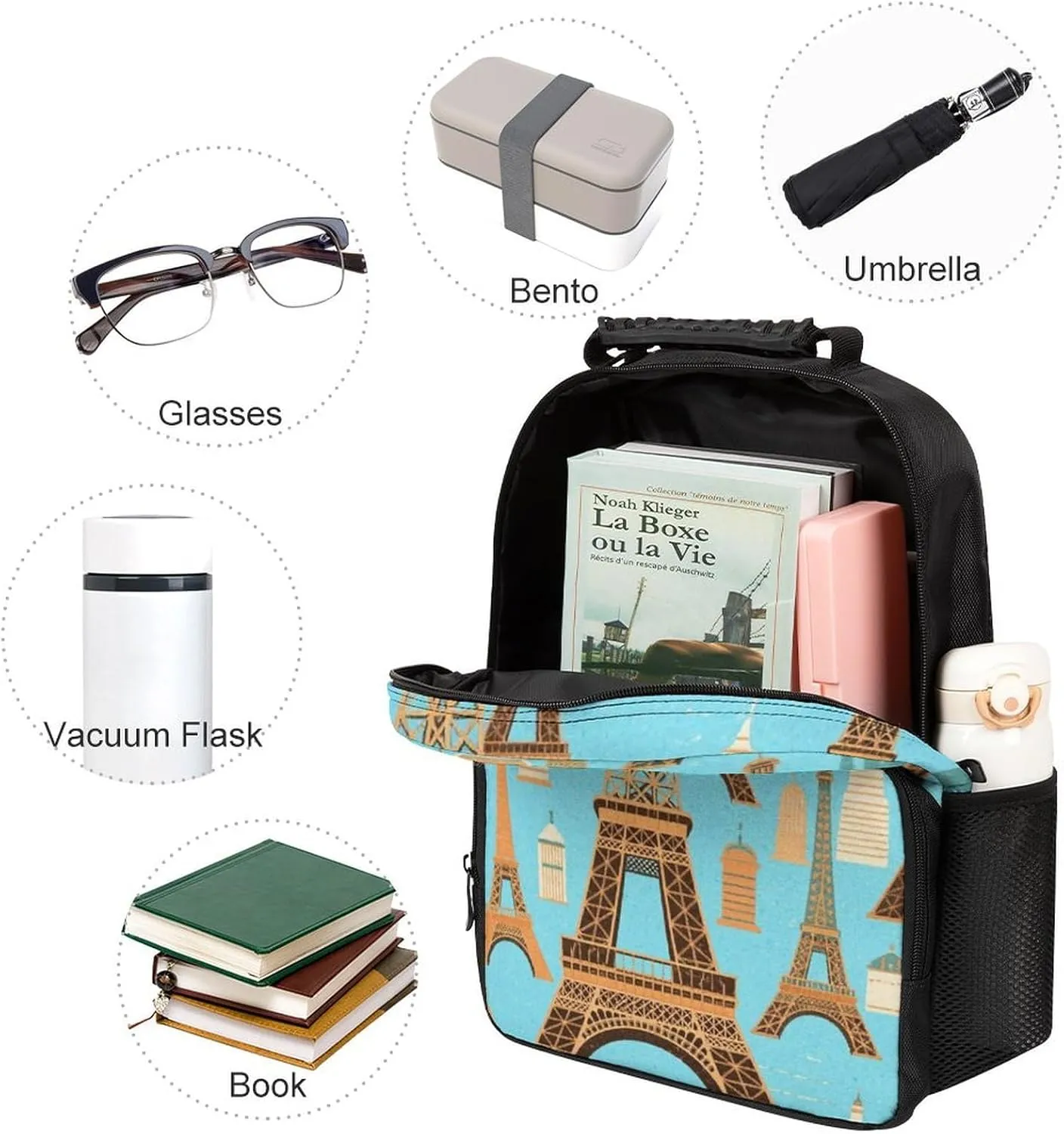 Supdreamc Men Women Polyester Paris Eiffel Tower Art Daypack Bookbag Big Capacity Shoulder Bag With Padded Straps for Climbing Travel Walking Cycling