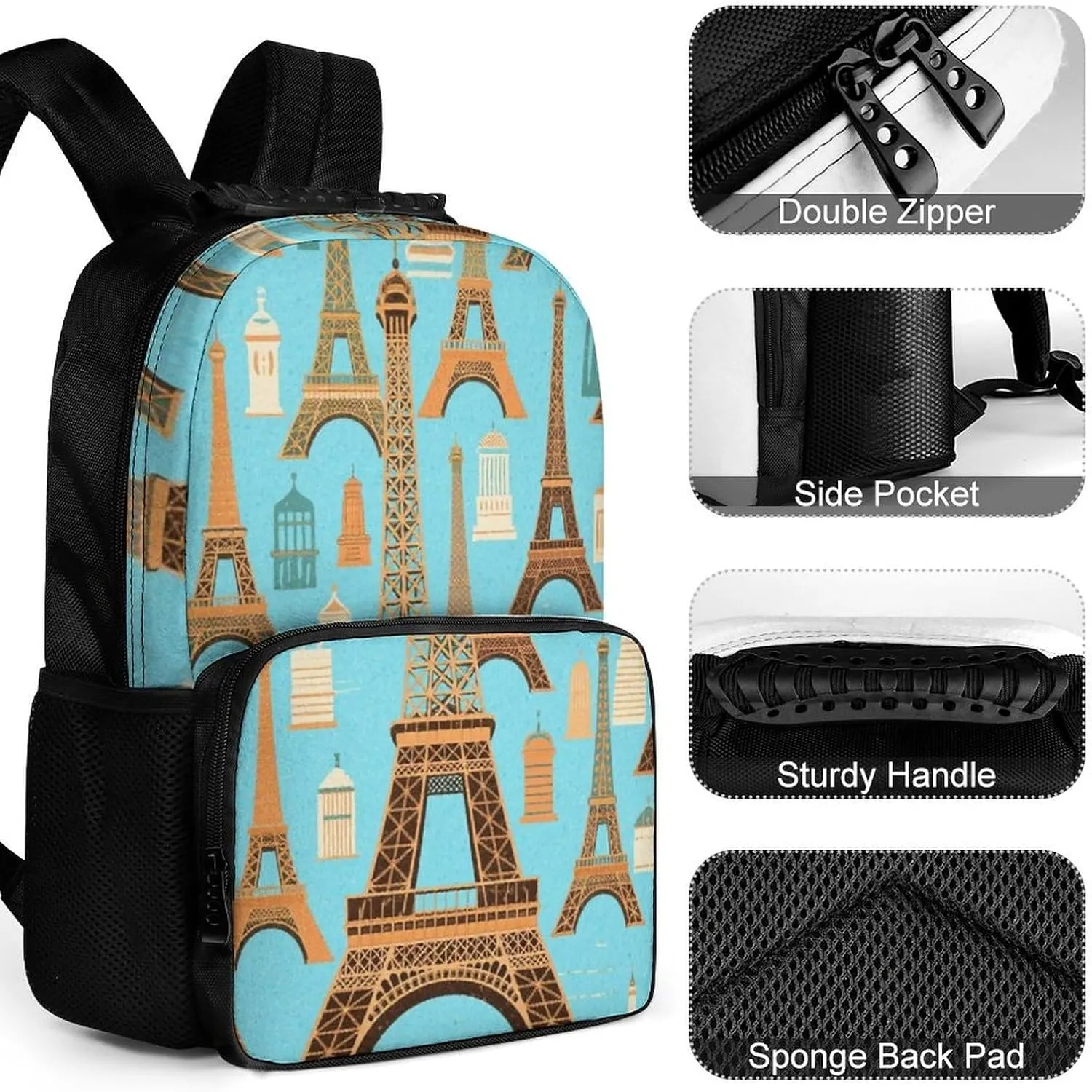 Supdreamc Men Women Polyester Paris Eiffel Tower Art Daypack Bookbag Big Capacity Shoulder Bag With Padded Straps for Climbing Travel Walking Cycling