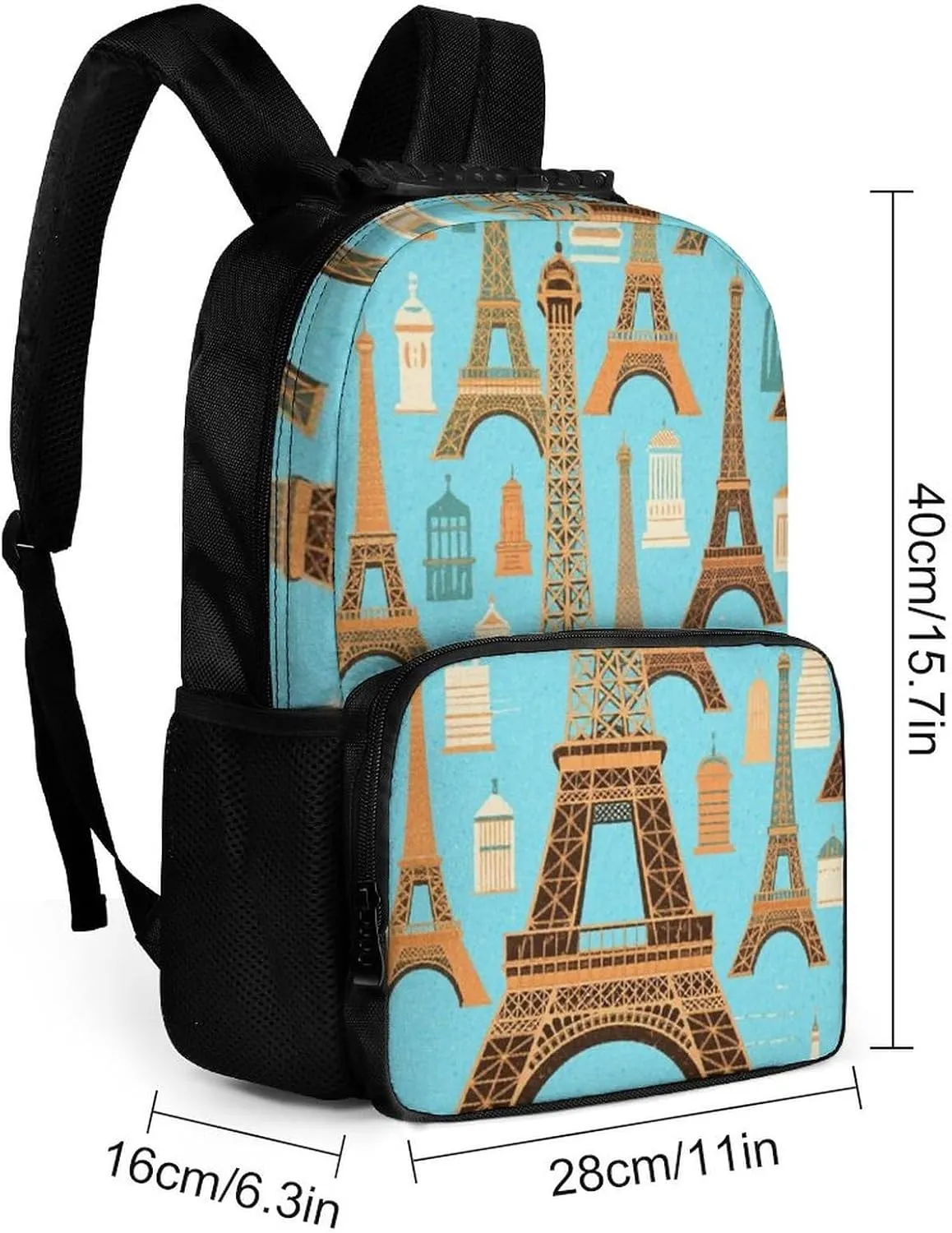 Supdreamc Men Women Polyester Paris Eiffel Tower Art Daypack Bookbag Big Capacity Shoulder Bag With Padded Straps for Climbing Travel Walking Cycling