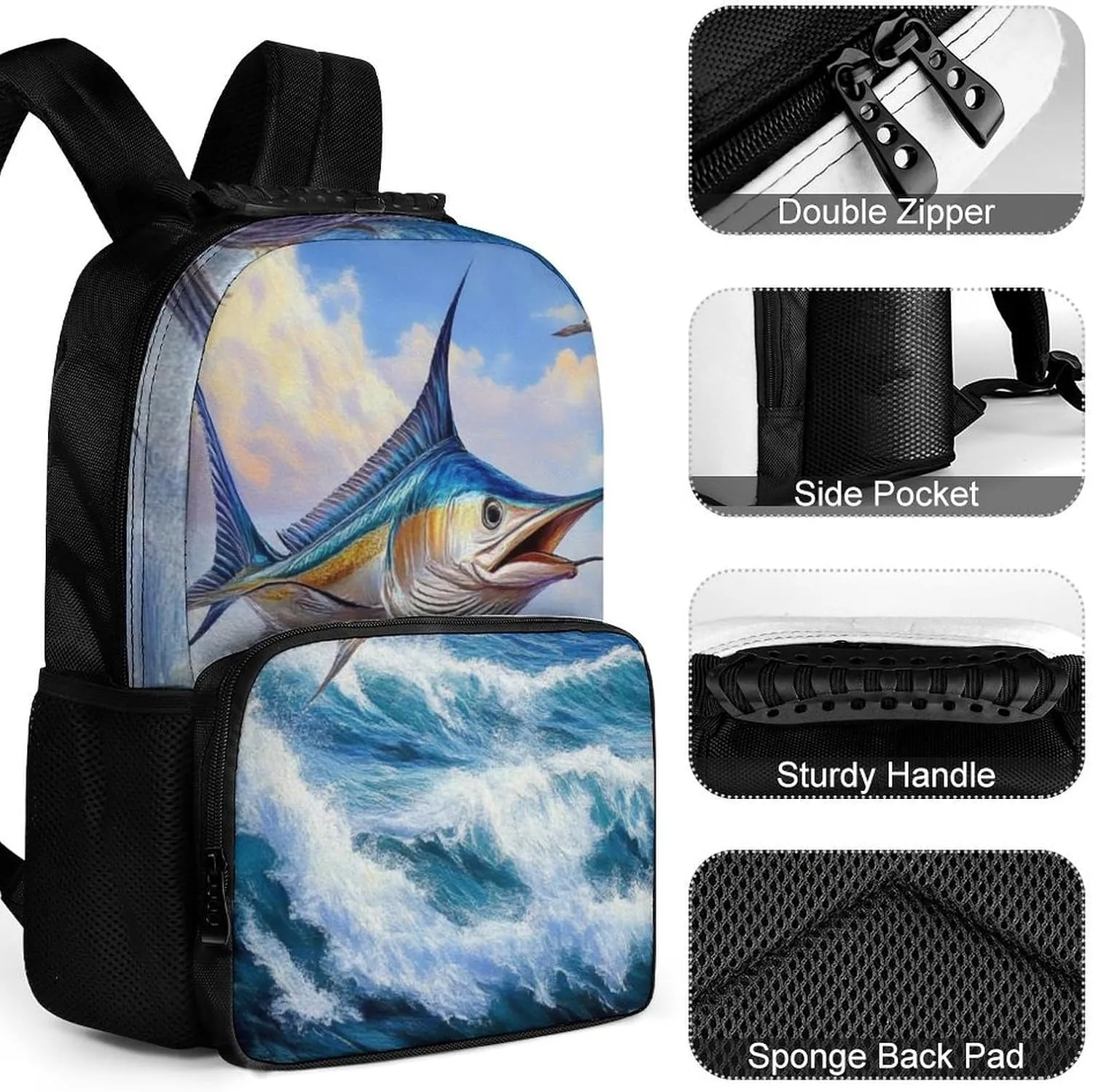 Supdreamc Men Women Polyester Whimsical Fish Painting Daypack Big Capacity Shoulder Bag With Adjustable Shoulder Straps for Camping Travel Walking Cycling