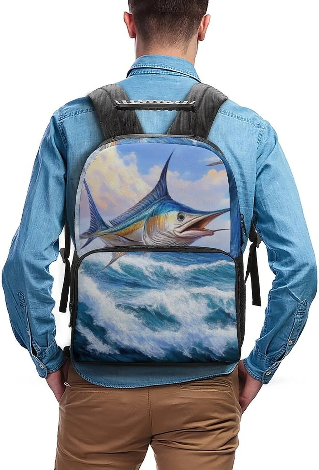 Supdreamc Men Women Polyester Whimsical Fish Painting Daypack Big Capacity Shoulder Bag With Adjustable Shoulder Straps for Camping Travel Walking Cycling