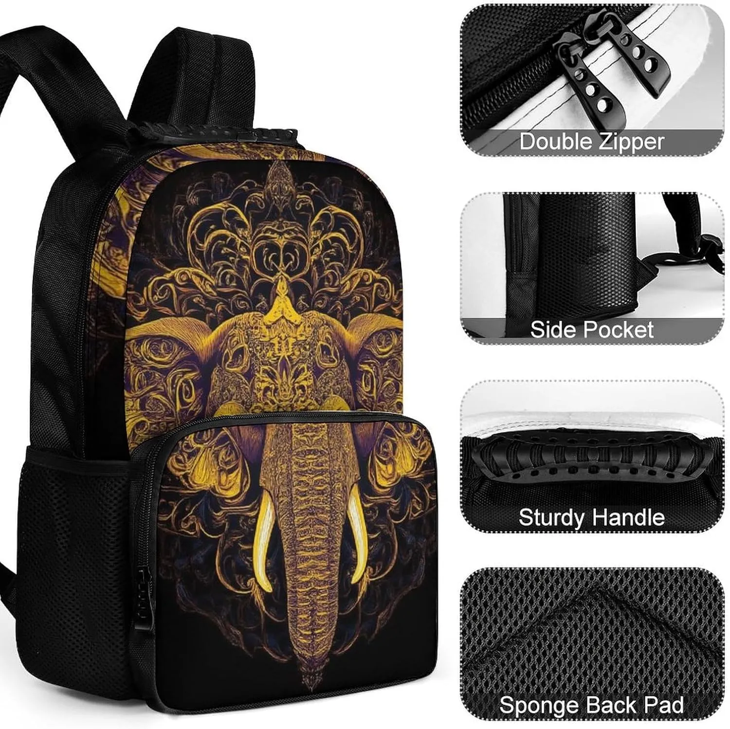 Supdreamc Polyester Daypack Backpack for Trekking Picnic Walking Cycling - Large Capacity Anti-Theft Multipurpose Shoulder Bag, Beautiful Paisley Elephant Art Casual Daypack