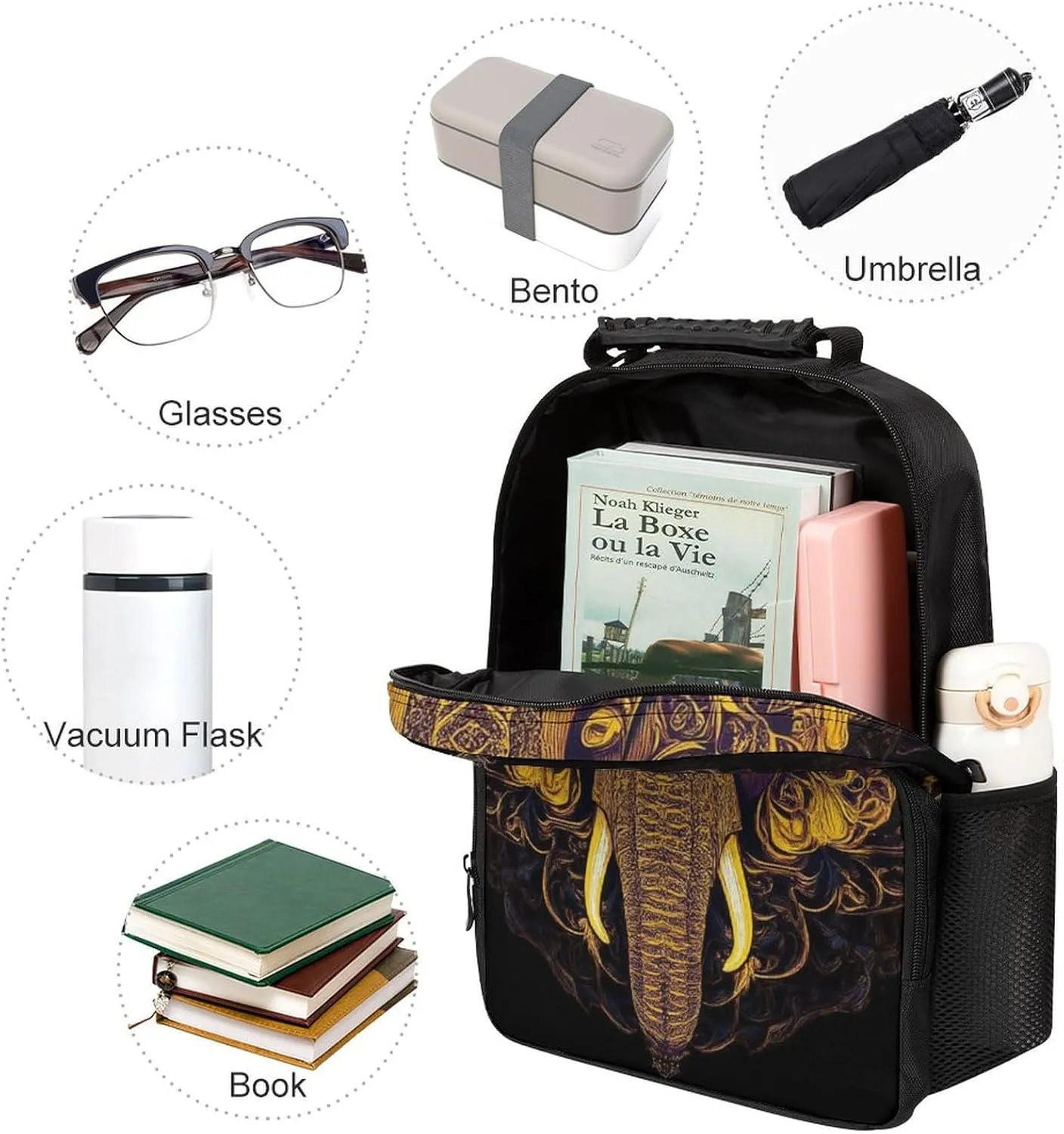 Supdreamc Polyester Daypack Backpack for Trekking Picnic Walking Cycling - Large Capacity Anti-Theft Multipurpose Shoulder Bag, Beautiful Paisley Elephant Art Casual Daypack