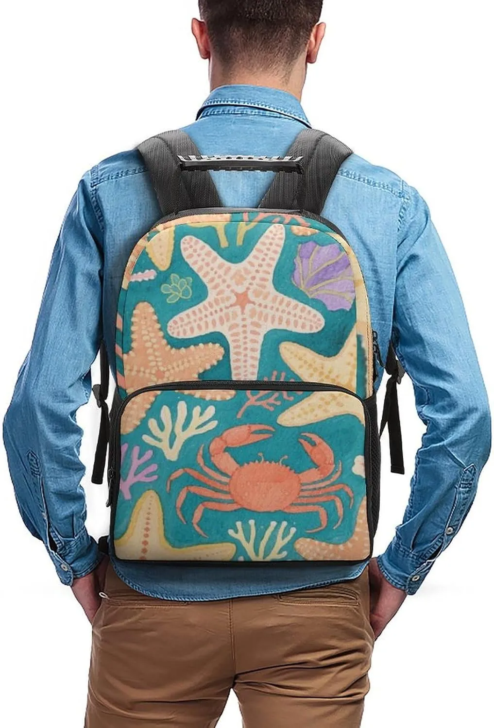 Supdreamc Polyester Daypack Backpack for Trekking Picnic Walking Cycling - Large Capacity Anti-Theft Multipurpose Shoulder Bag, Under Sea Ocean Starfish Shell Coral Crab Art Casual Daypack