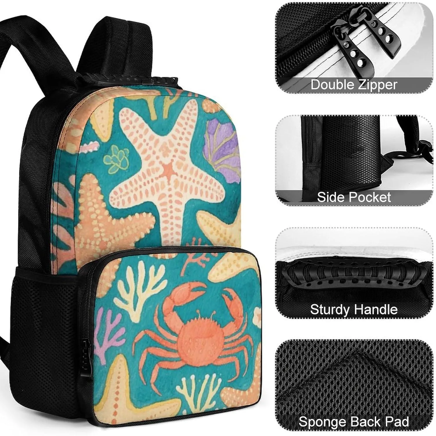 Supdreamc Polyester Daypack Backpack for Trekking Picnic Walking Cycling - Large Capacity Anti-Theft Multipurpose Shoulder Bag, Under Sea Ocean Starfish Shell Coral Crab Art Casual Daypack