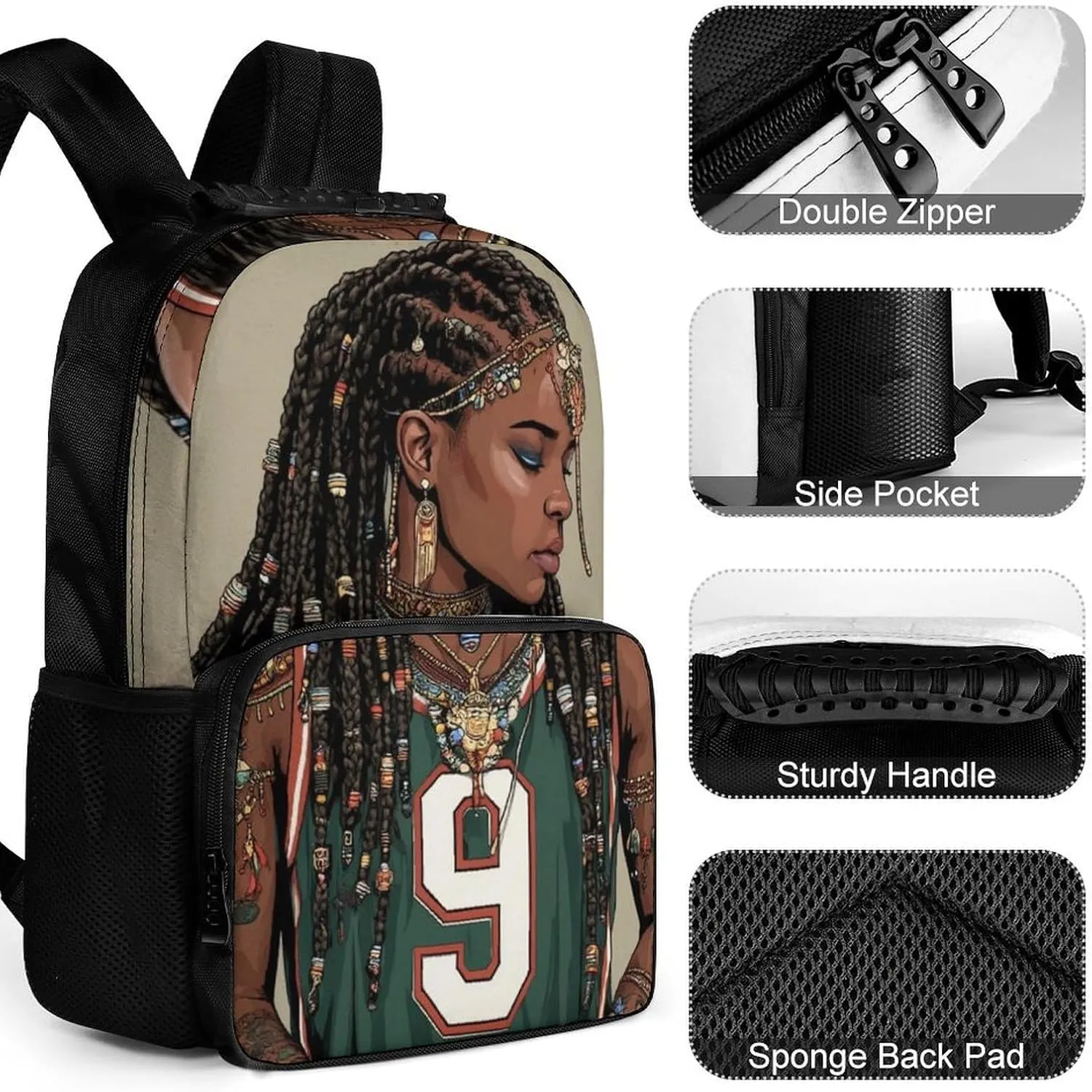 Supdreamc Polyester Daypack for Hiking Work Running - Big Capacity Anti-Theft Multipurpose Shoulder Bag, African American Black WomanArt Travel and Sport Backpack Rucksack