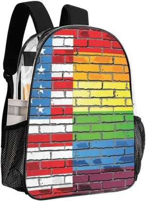 Supdreamc Transparent Daypack Backpack for Trekking Picnic Walking Cycling - Large Capacity Anti-Theft Multipurpose Shoulder Bag, Us Rainbow Love Lgbt Pride Wall Art American Flag Casual Daypack