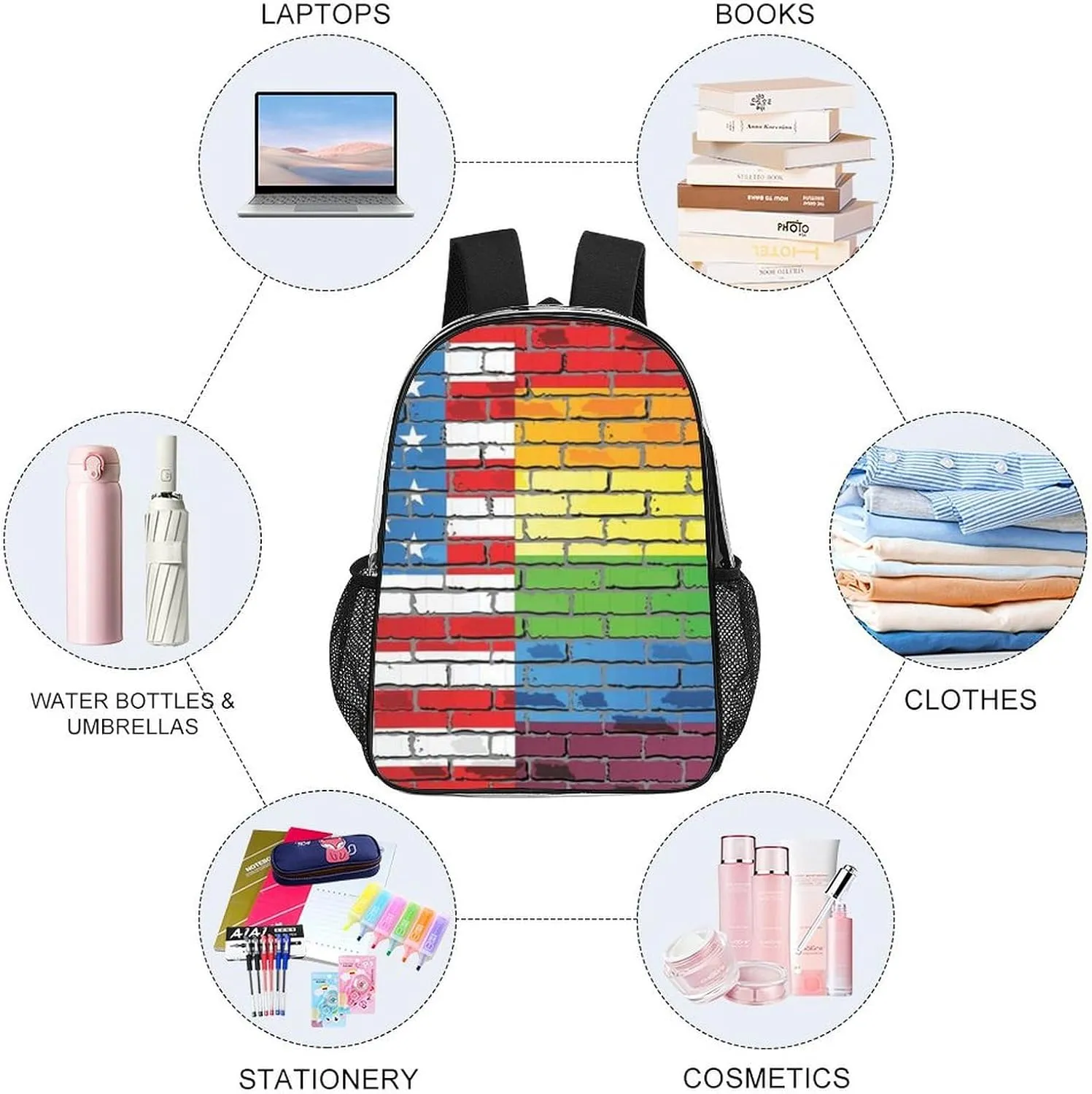 Supdreamc Transparent Daypack Backpack for Trekking Picnic Walking Cycling - Large Capacity Anti-Theft Multipurpose Shoulder Bag, Us Rainbow Love Lgbt Pride Wall Art American Flag Casual Daypack