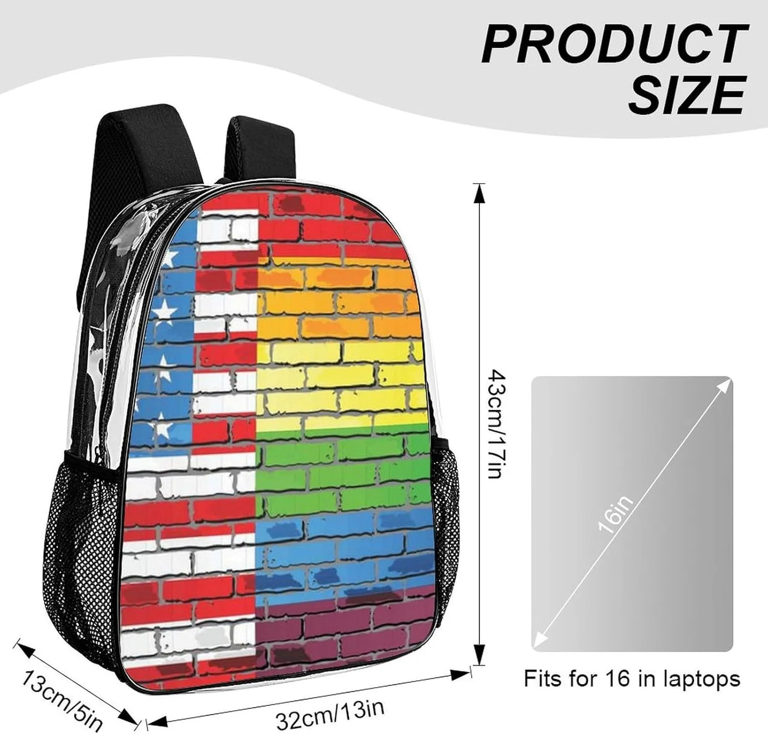 Supdreamc Transparent Daypack Backpack for Trekking Picnic Walking Cycling - Large Capacity Anti-Theft Multipurpose Shoulder Bag, Us Rainbow Love Lgbt Pride Wall Art American Flag Casual Daypack