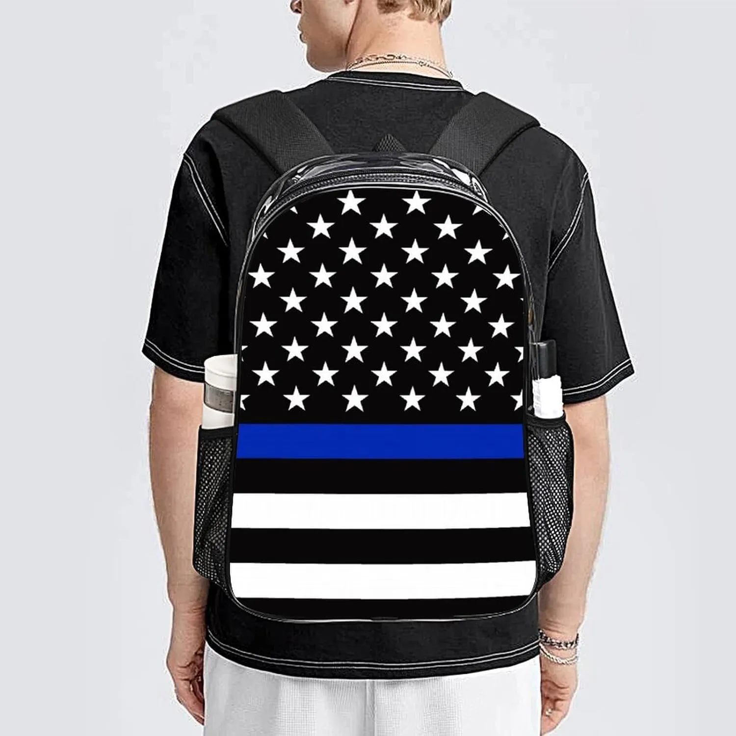 Supdreamc Transparent Daypack for Hiking Work Running - Big Capacity Anti-Theft Multipurpose Shoulder Bag, American Blue Line Flag Pattern Black Travel and Sport Backpack Rucksack
