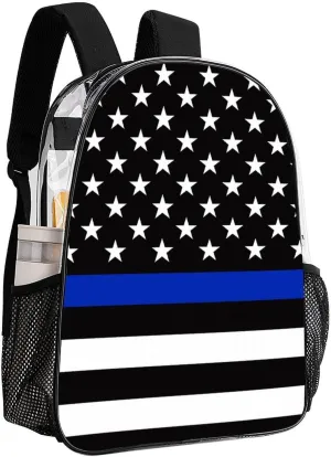 Supdreamc Transparent Daypack for Hiking Work Running - Big Capacity Anti-Theft Multipurpose Shoulder Bag, American Blue Line Flag Pattern Black Travel and Sport Backpack Rucksack