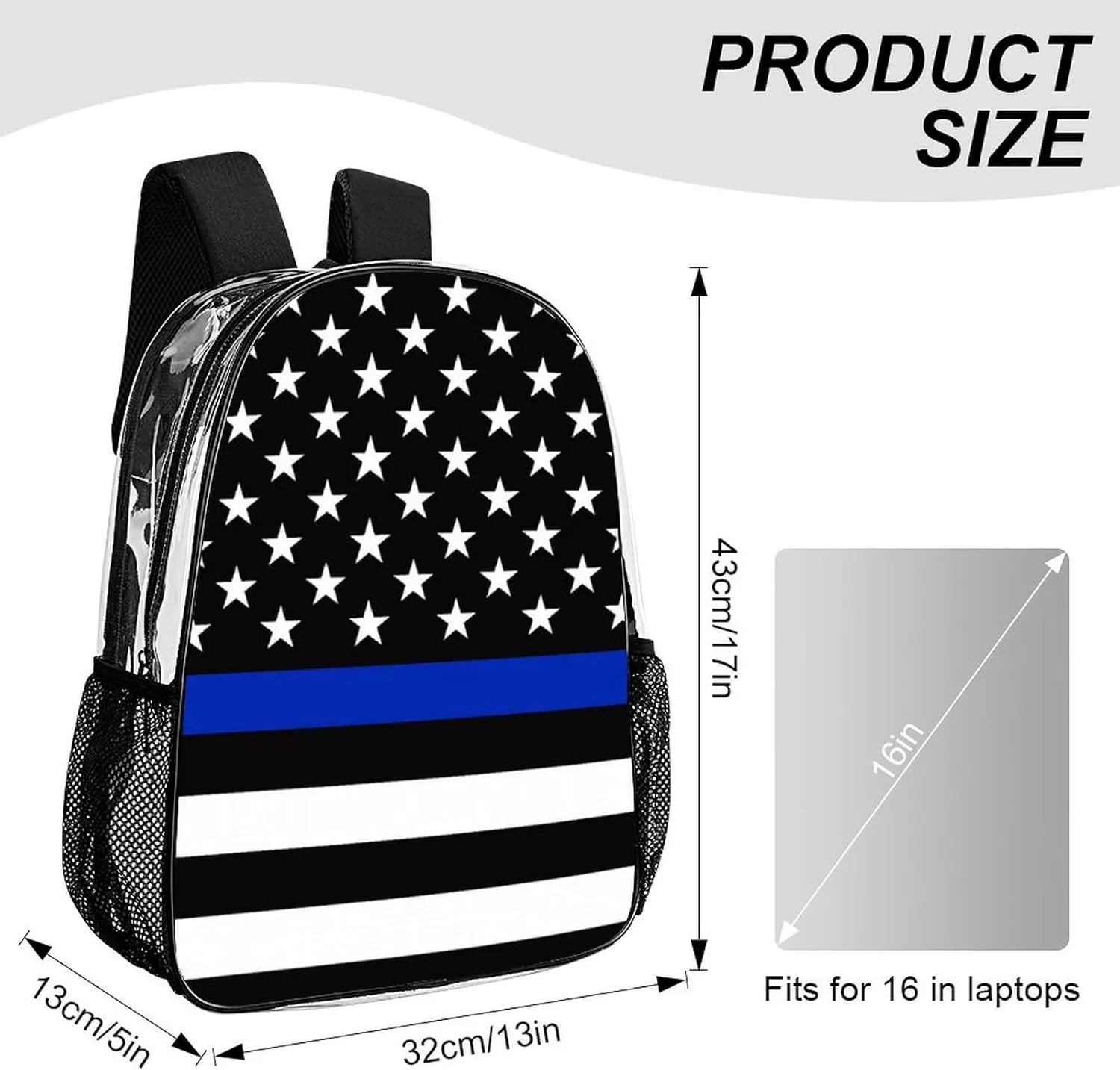 Supdreamc Transparent Daypack for Hiking Work Running - Big Capacity Anti-Theft Multipurpose Shoulder Bag, American Blue Line Flag Pattern Black Travel and Sport Backpack Rucksack