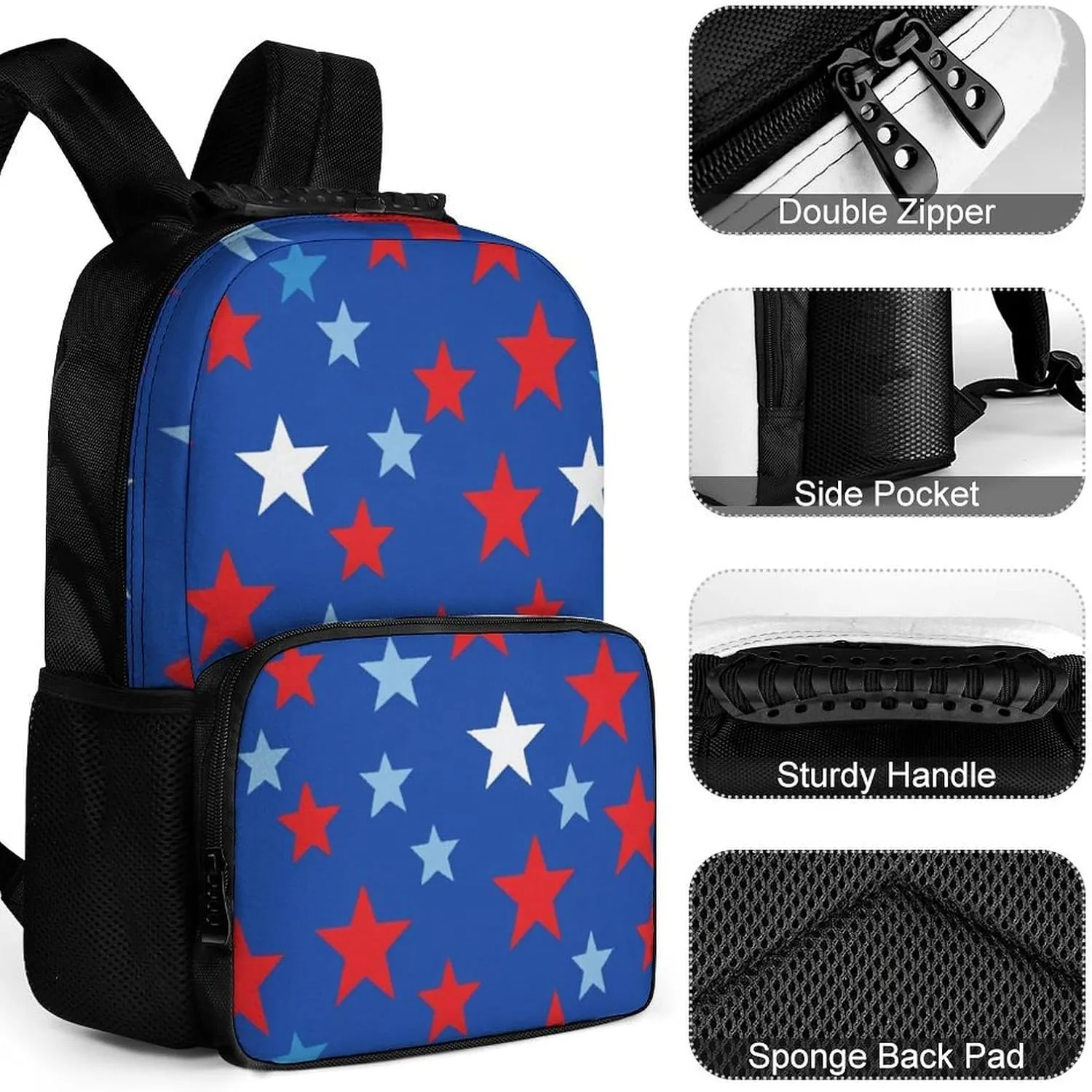 Supdreamc Women Men Polyester American Flag Stars Inspired Patriotic Design Casual Daypack Large Capacity Bookbag With Side Pockets for Sports Picnic Walking Cycling