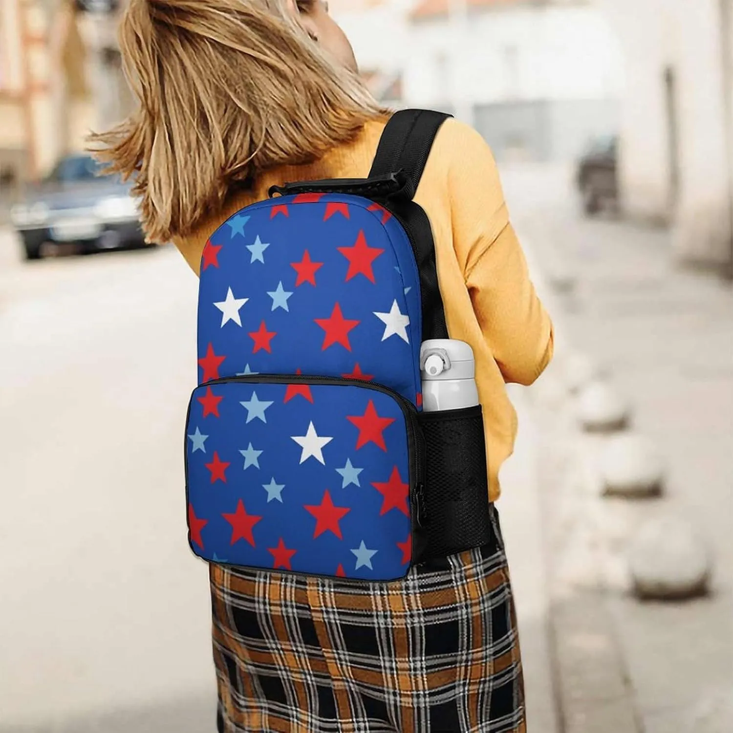 Supdreamc Women Men Polyester American Flag Stars Inspired Patriotic Design Casual Daypack Large Capacity Bookbag With Side Pockets for Sports Picnic Walking Cycling