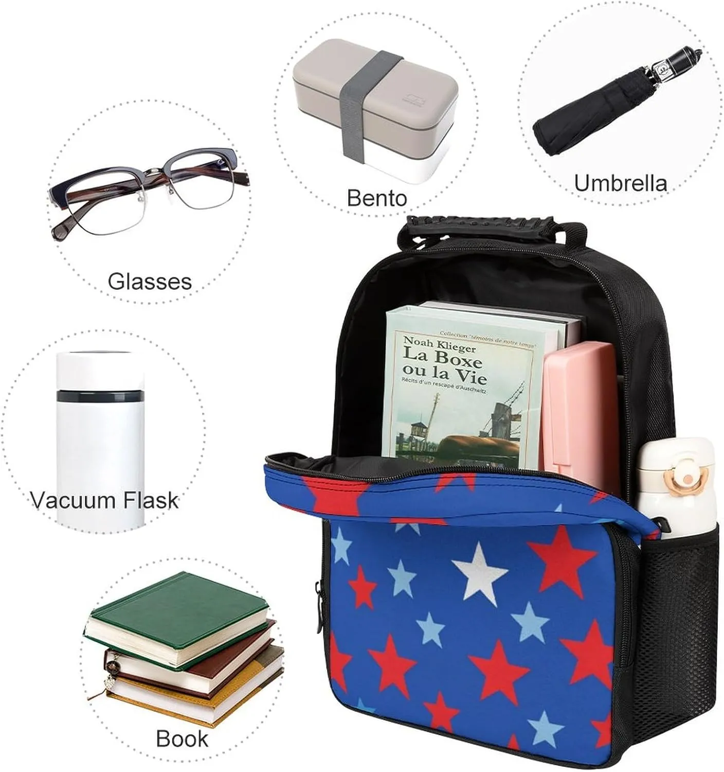 Supdreamc Women Men Polyester American Flag Stars Inspired Patriotic Design Casual Daypack Large Capacity Bookbag With Side Pockets for Sports Picnic Walking Cycling