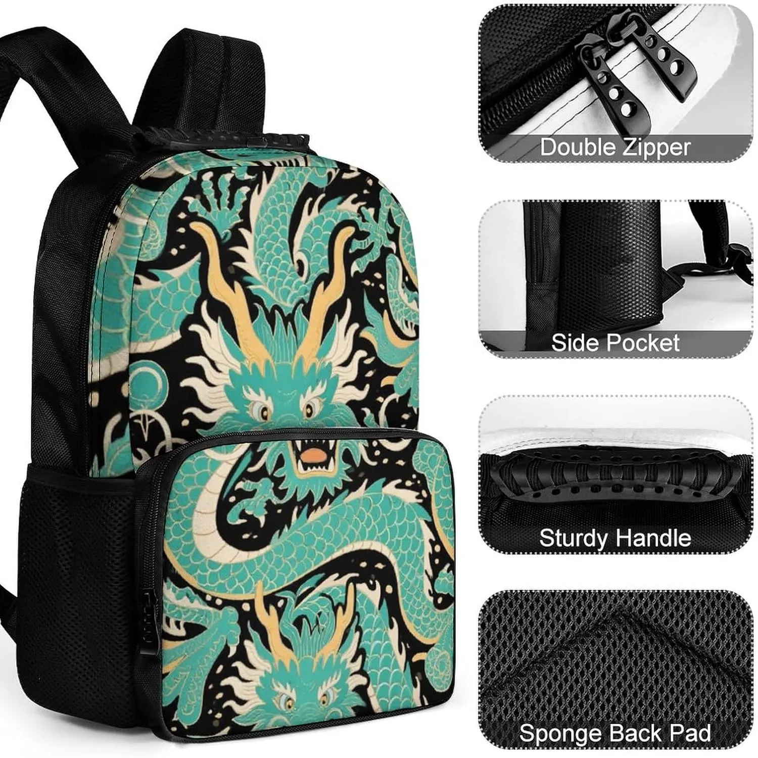 Supdreamc Women Men Polyester Chinese Dragons Art Casual Daypack Large Capacity Bookbag With Side Pockets for Sports Picnic Walking Cycling