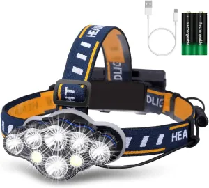 Super Bright LED Headlamp 10000 Lumens 10 Hours Long Lasting Headlamps,Waterproof, Adjustable, Zoomable, Power Display Rechargeable Headlamp for Adults/Kids Camping Running