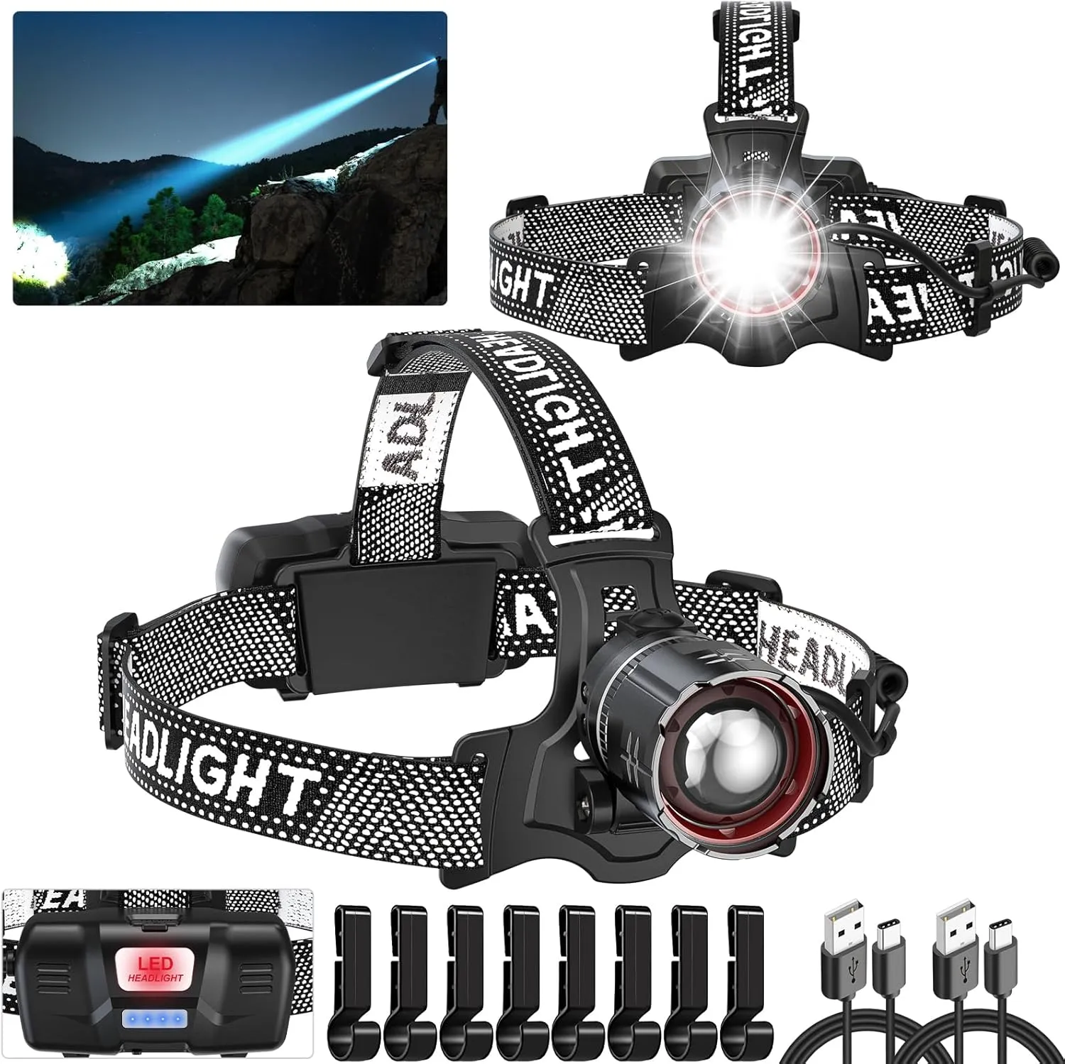 Super Bright LED Headlamp 2 Pack, High Lumen Rechargeable Head Lamp with Motion Sensor, 5 Modes, IPX5 Waterproof, 90° Adjustable, Zoomable Head Lights for Adults, Hard Hat, Outdoor, Camping