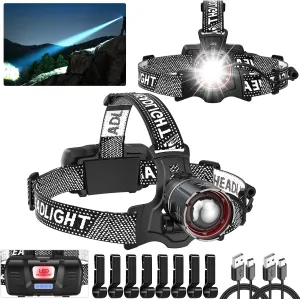 Super Bright LED Headlamp 2 Pack, High Lumen Rechargeable Head Lamp with Motion Sensor, 5 Modes, IPX5 Waterproof, 90° Adjustable, Zoomable Head Lights for Adults, Hard Hat, Outdoor, Camping