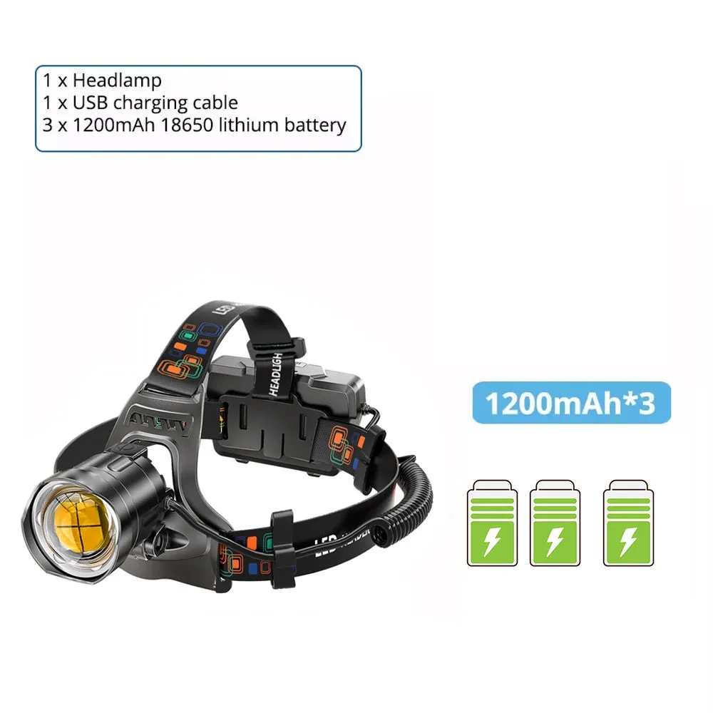 Super Bright LED Headlamp, XHP90 Lamp Beads, 4500 Lumens, Waterproof Headlight, Power Display, USB Rechargeable, For Exploration, Hunting, Fishing