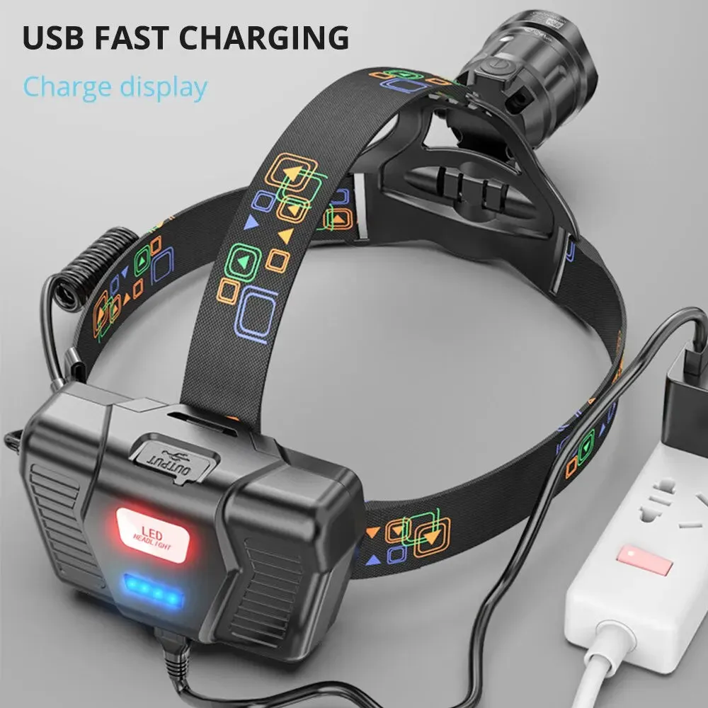 Super Bright LED Headlamp, XHP90 Lamp Beads, 4500 Lumens, Waterproof Headlight, Power Display, USB Rechargeable, For Exploration, Hunting, Fishing