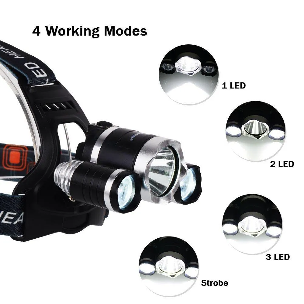 Super Bright Triple LED Headlamp (WATERPROOF & RECHARGEABLE)