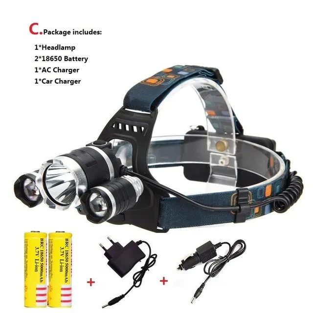 Super Bright Triple LED Headlamp (WATERPROOF & RECHARGEABLE)