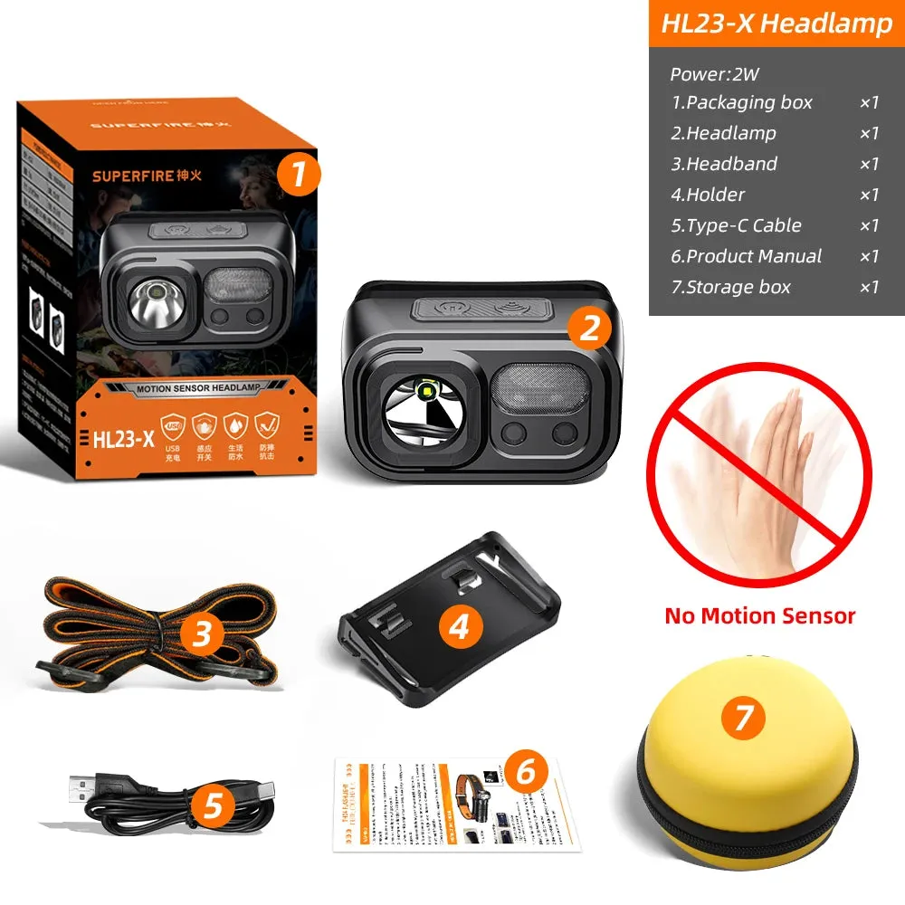 SUPERFIRE HL23 Mini LED Headlamp – USB-C Rechargeable, Motion Sensor, 9 Lighting Modes