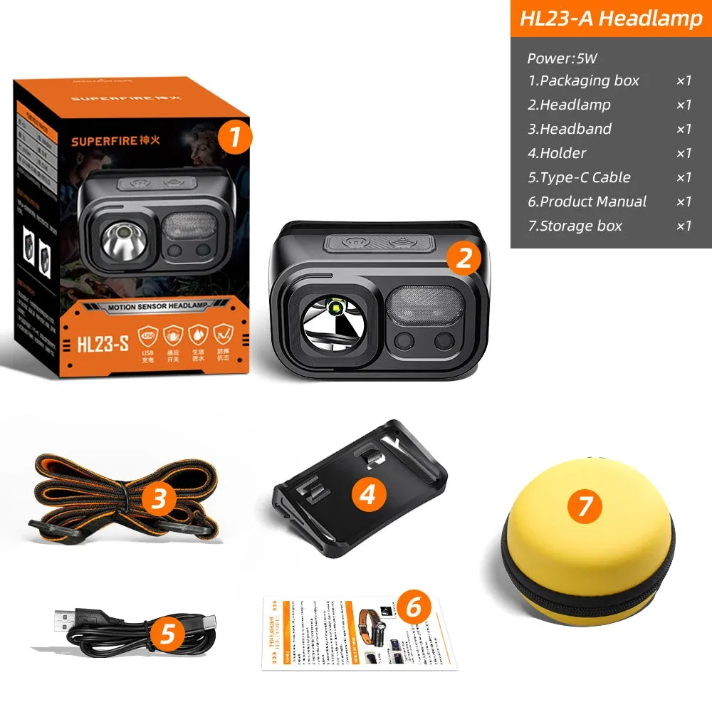 SUPERFIRE HL23 Mini LED Headlamp – USB-C Rechargeable, Motion Sensor, 9 Lighting Modes
