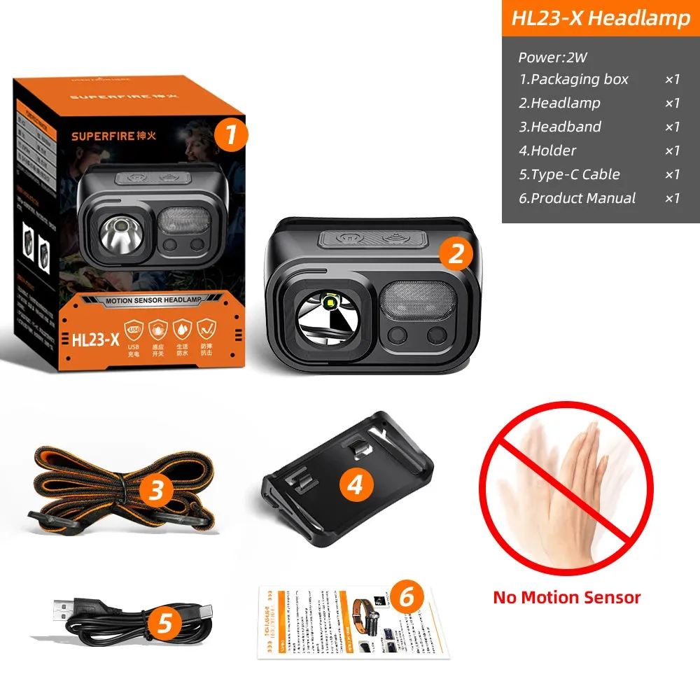 SUPERFIRE HL23 Mini LED Headlamp – USB-C Rechargeable, Motion Sensor, 9 Lighting Modes