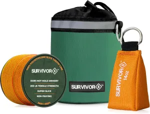 SURVIVOR Arborist Throw Line Kit - Includes 14 OZ Throw Weight, 200 LB Throw Line, & Storage Case - Rugged Tree Climbing Gear with Arborist Rope, Arborist Throw Bag, & Storing Case (Green)