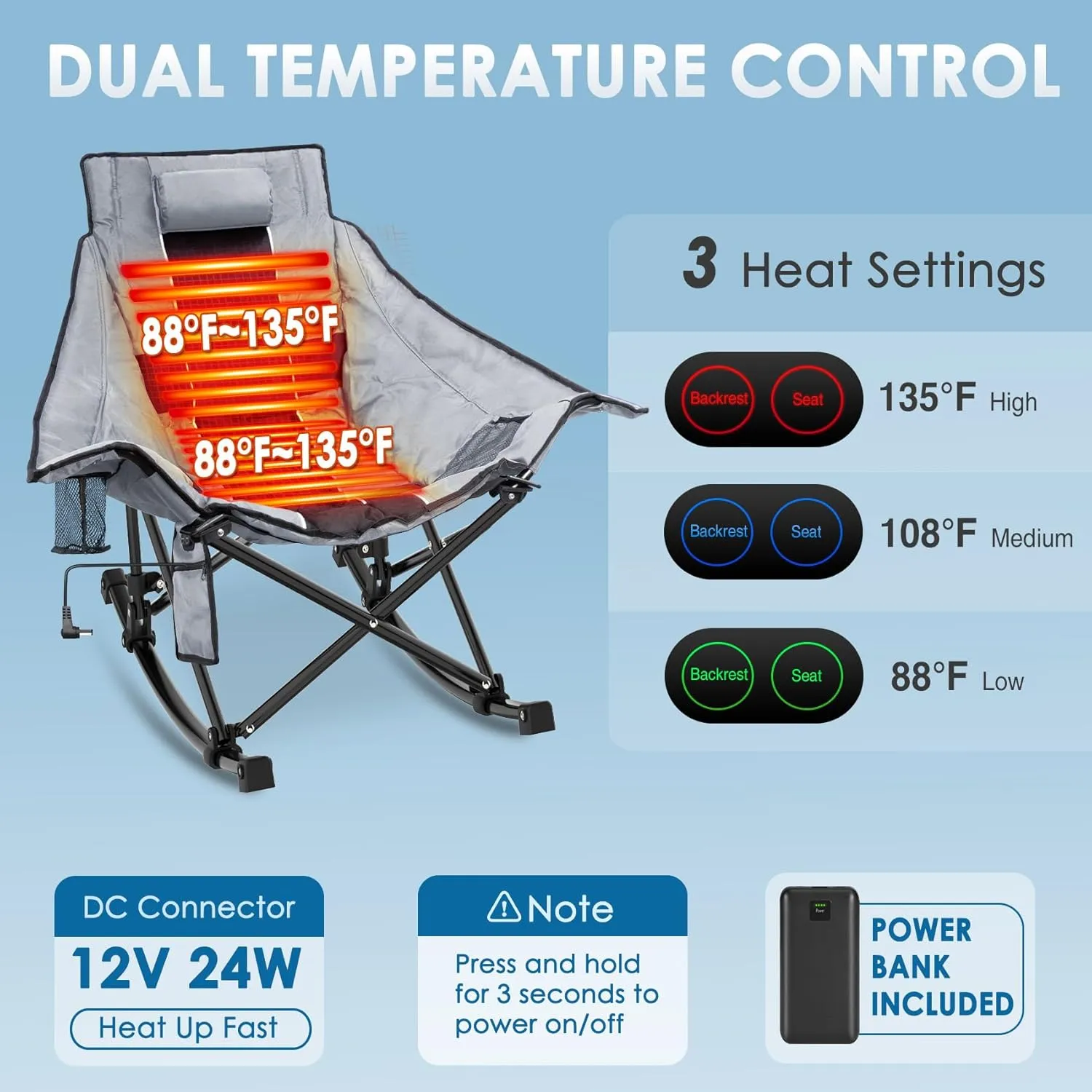 Suteck Heated Rocking Camping Chair, XL Oversized Rocking Chair Outdoor with 3 Heat Levels for Back and Seat, Heated Chairs Outdoor Sports W/20,000mAh Power Bank for Patio Lawn Picnic Travel