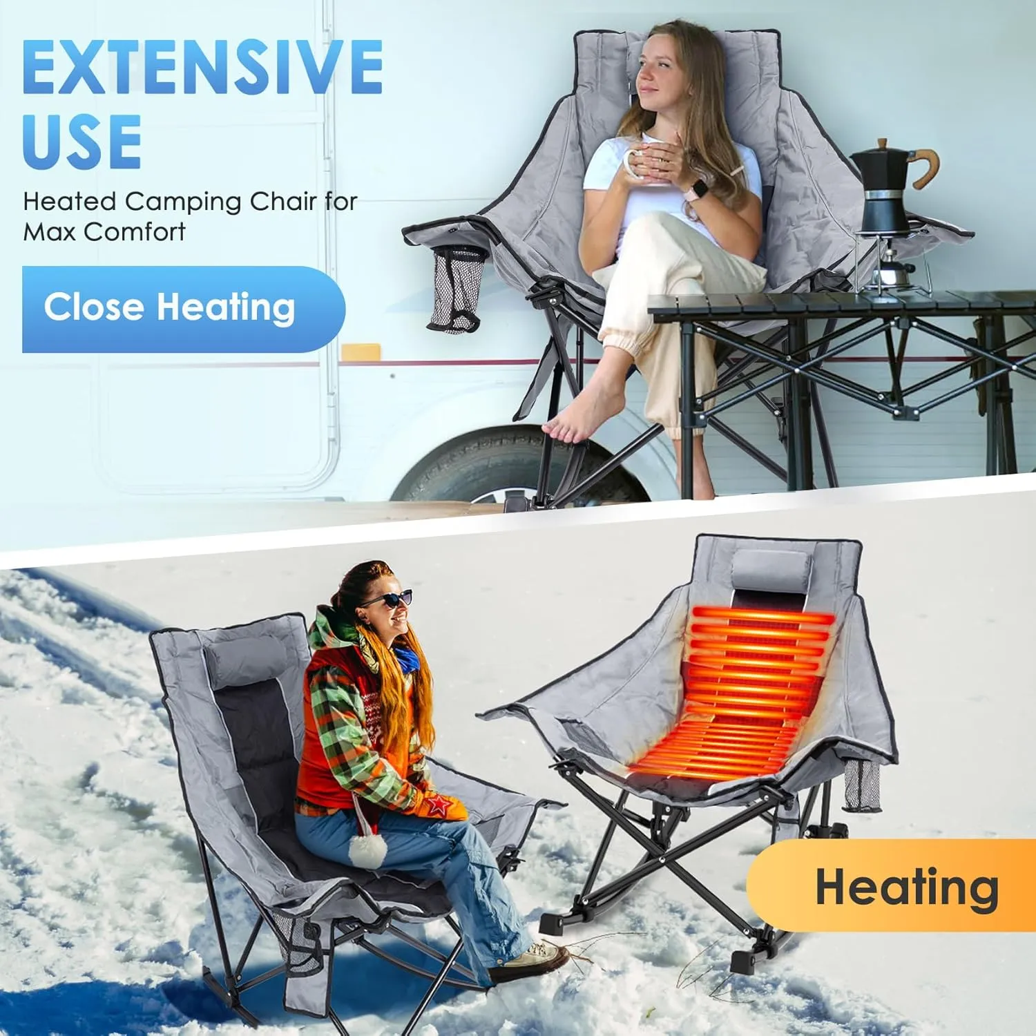 Suteck Heated Rocking Camping Chair, XL Oversized Rocking Chair Outdoor with 3 Heat Levels for Back and Seat, Heated Chairs Outdoor Sports W/20,000mAh Power Bank for Patio Lawn Picnic Travel
