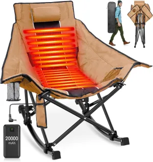 Suteck Heated Rocking Camping Chair, XL Oversized Rocking Chair Outdoor with 3 Heat Levels for Back and Seat, Heated Chairs Outdoor Sports W/20,000mAh Power Bank for Patio Lawn Picnic Travel