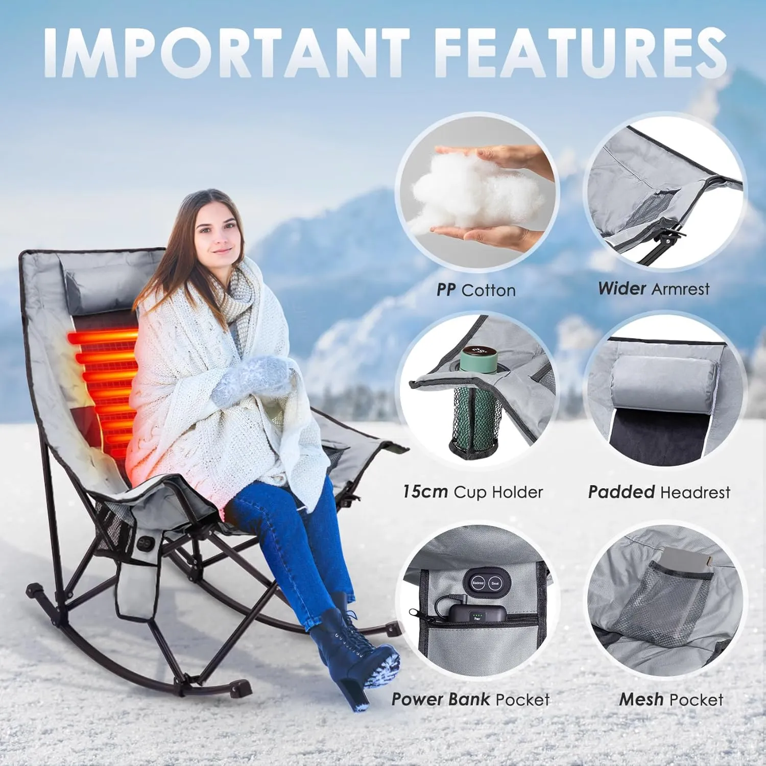 Suteck Heated Rocking Camping Chair, XL Oversized Rocking Chair Outdoor with 3 Heat Levels for Back and Seat, Heated Chairs Outdoor Sports W/20,000mAh Power Bank for Patio Lawn Picnic Travel