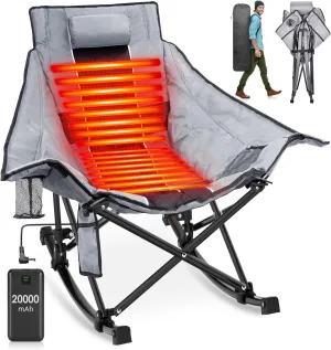 Suteck Heated Rocking Camping Chair, XL Oversized Rocking Chair Outdoor with 3 Heat Levels for Back and Seat, Heated Chairs Outdoor Sports W/20,000mAh Power Bank for Patio Lawn Picnic Travel