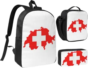 Swiss Flag Map print Backpack Set Casual Shoulder Bag Lunch Bag Pen Pouch 3 in 1 Set 17inch for Women Men College