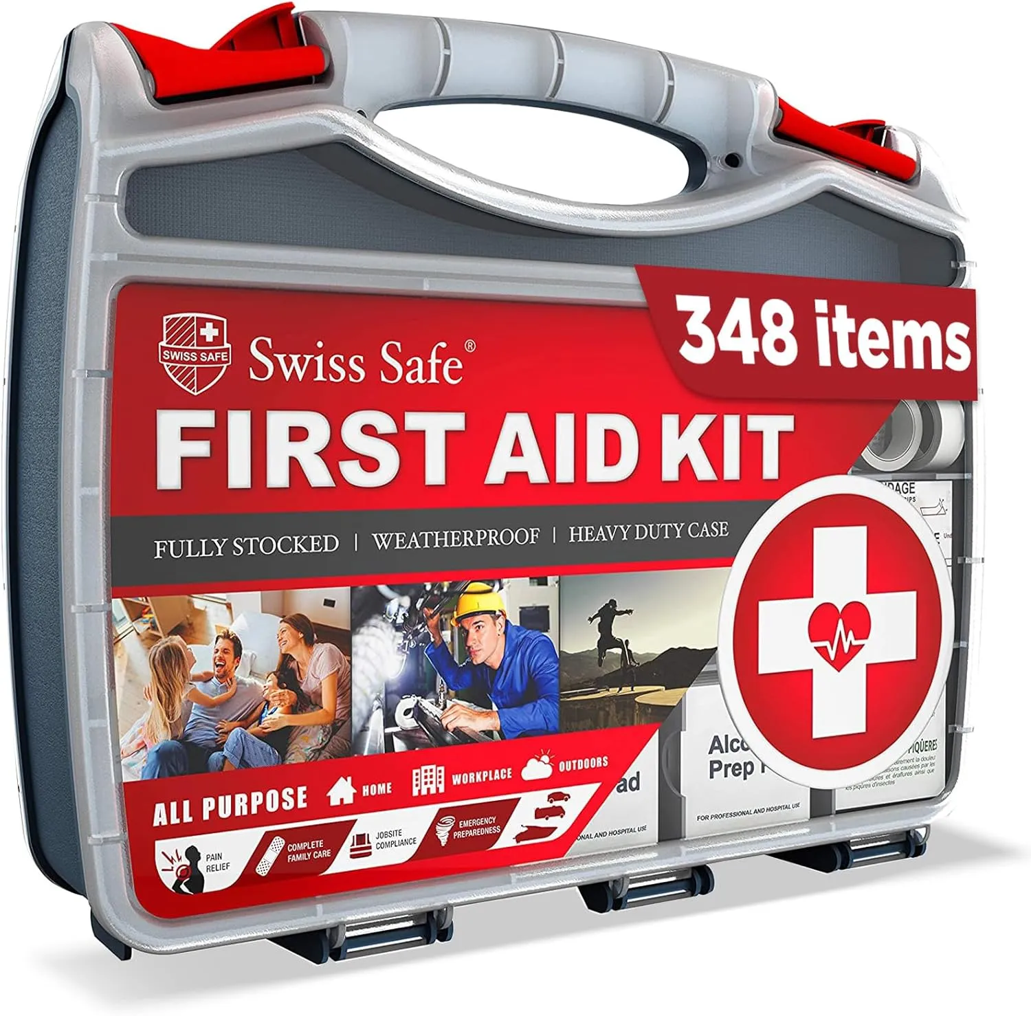 Swiss Safe 2-in-1 First Aid Kit for Car, Travel & Home, Businesses - Bonus Mini Kit for Medical Emergency Aid, Survival, Camping - FSA & HSA Eligible - 348 Pcs, Large Hardcase FAK