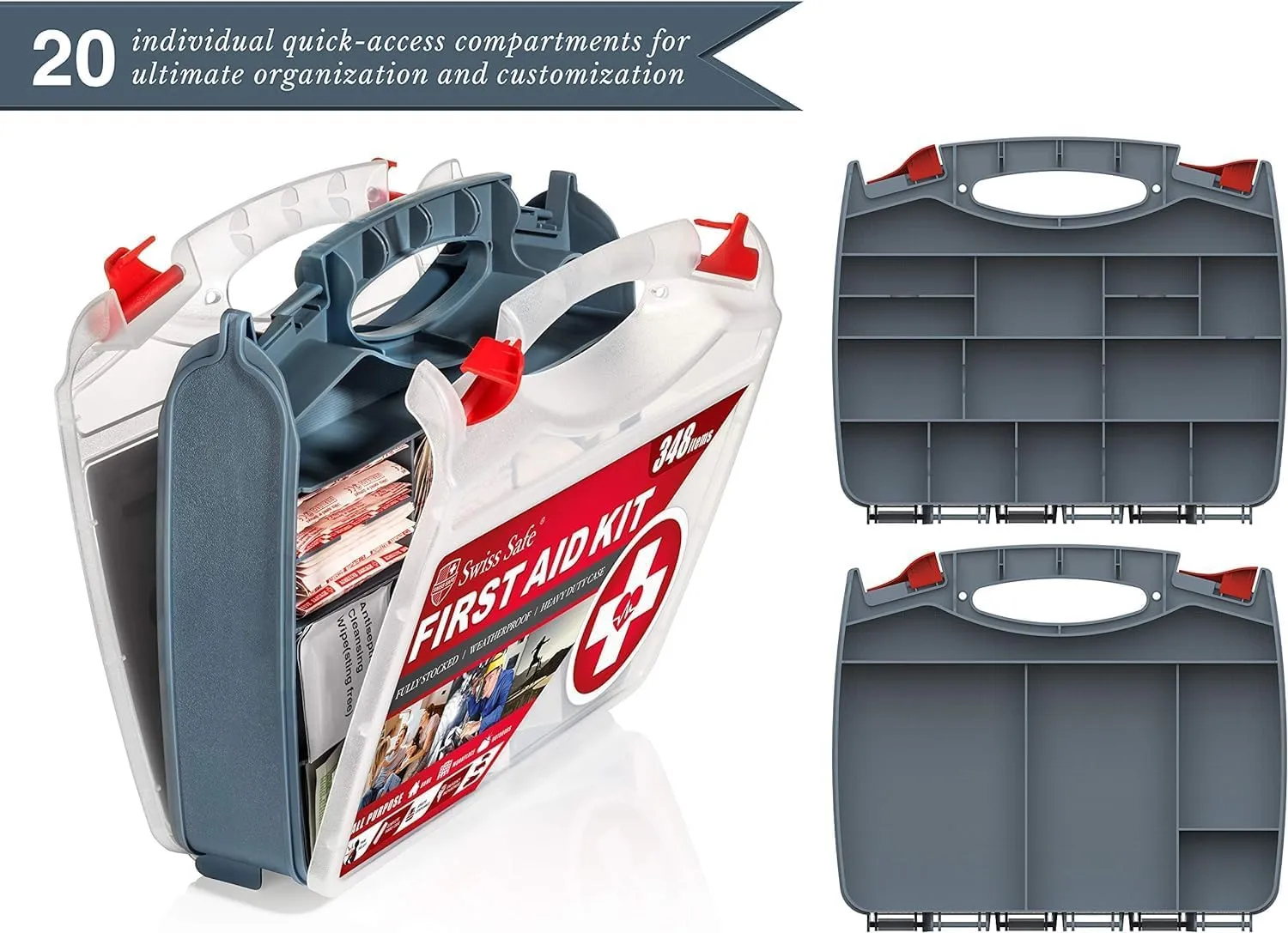 Swiss Safe 2-in-1 First Aid Kit for Car, Travel & Home, Businesses - Bonus Mini Kit for Medical Emergency Aid, Survival, Camping - FSA & HSA Eligible - 348 Pcs, Large Hardcase FAK